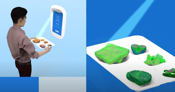 사진: 누비랩은 잔반량을 측정하기 위해 ‘누비스캔’이라는 푸드 스캐너를 개발했다. 스캐너 밑에 식판을 갖다 대면 음식 종류와 양을 파악해 영양 성분과 칼로리를 알 수 있다./사진=KEITI한국환경산업기술원 유튜브 캡쳐. 