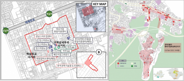 벤처기업육성촉진지구로 추가 지정된 서울 강남구(왼쪽)와 관악구 일대의 지정도면. /사진=중소벤처기업부 제공