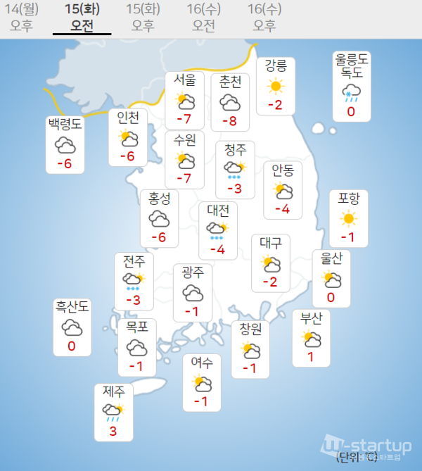 [오늘날씨]정월대보름 곳곳 눈비 강추위 서울 낮 최고 영하1도 미세먼지 '좋음'/사진=기상청 15일 오전 기상화면