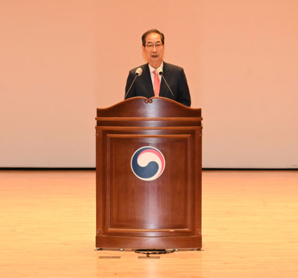한덕수 국무총리가 23일 세종 다솜로 정부세종청사에서 열린 제48대 한덕수 국무총리 취임식에서 취임사를 하고 있다./사진=총리실 