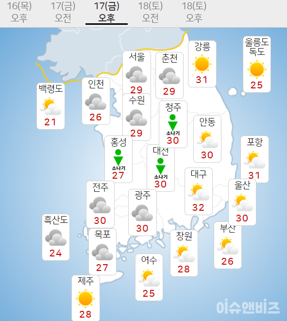 내일날씨] 경기남부·충청권 5∼40㎜ 소나기 서울 아침 18도 < 핫이슈 < 사회이슈 < 기사본문 - 이슈앤비즈