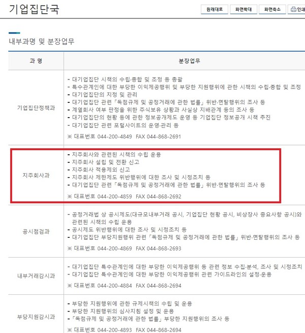 공정거래위원회 조직도 내 지주회사과 업무분장. 10월1일부터 지주회사과가 폐지되고, 지주회사과의 업무였던 지주회사 관련 정책 수립과 조사 업무는 기업집단정책과로 이관된다.