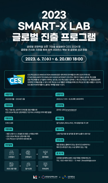 인천창조경제혁신센터(센터장 이한섭)는 KT, 인천대학교와 함께 ‘Smart-X lab 글로벌 진출 프로그램’을 통해 2024년 CES 혁신상 수상지원 프로그램에 참여할 스타트업을 모집한다고 7일 밝혔다.