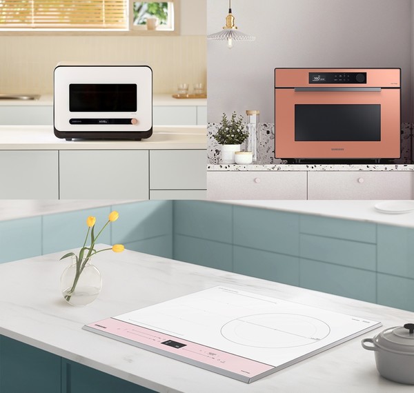  삼성전자 주방 쿨 가전 제품 사진 (위 왼쪽-비스포크 큐커, 위 오른쪽-비스포크 오븐, 아래-비스포크 인덕션)