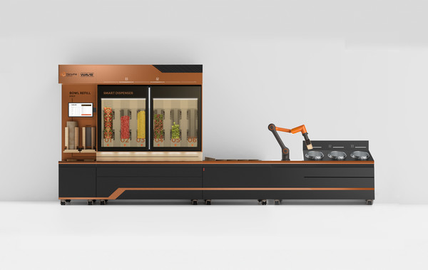 한화로보틱스의 협동로봇과 웨이브의 디스펜서와 소테 쿠킹 모듈을 장착한 웨이브 주방 자동화 시스템 구상도 