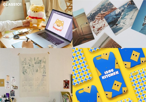 /사진=클래스101 굿즈 제작 관련 클래스 이미지  (왼쪽 상단부터 시계방향으로) 동동 작가, 포그보우, 아소, 별별그림 클래스 이미지