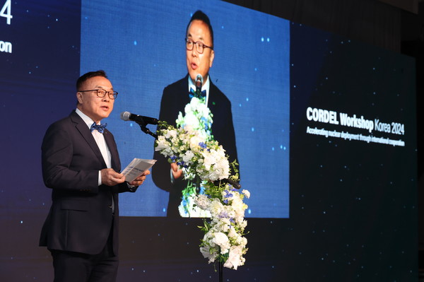 지난 21일부터 23일까지 부산 파라다이스 호텔에서 개최된 '제5차 코델(CORDEL) 워크숍'에서 황주호 한국수력원자력 사장이 발언하는 모습. 사진=한국수력원자력 제공