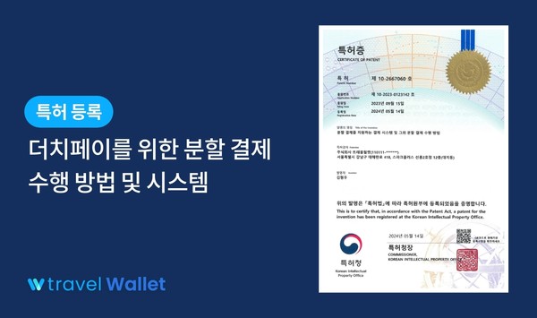 핀테크 기업 '트래블월렛'이 '더치페이 관련 분할 결제' 기술에 대한 특허 등록을 완료했다고 28일 밝혔다.