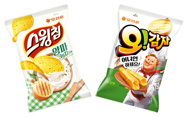 오리온 ‘스윙칩 양파크림치즈맛’, ‘오!감자 어니언맛’ 제품/사진=오리온