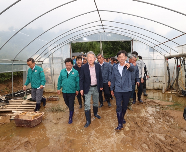 지난 17일 강호동 농협중앙회장(우측 두번째)과 박정현 부여군수(우측 세번째)가 집중호우 피해농가를 방문하여 현장 피해상황을 점검하고 있다. /사진=농협중앙회