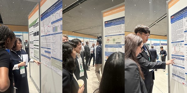 한미약품 R&D센터 곽은주 연구원(왼쪽부터), 박원기 연구원, 유형석 연구원이 국제 암 학술대회 ‘EORTC-NCI-AACR 2024’에서 차세대 항암 신약의 연구 결과 3건이 담긴 포스터 내용을 설명하고 있다./사진=한미약품