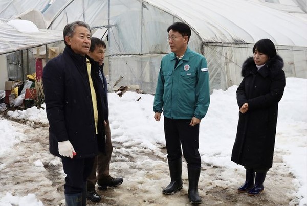 지난달 29일 이석용 NH농협은행장(오른쪽 두 번째)이 폭설 피해를 입은 농가를 방문해 피해 상황에 대해 듣고 있다./사진=NH농협은행 