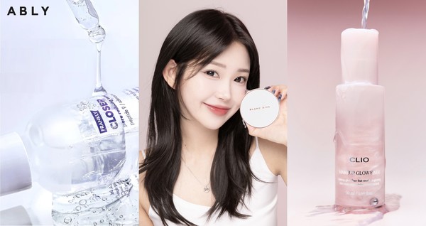 ▲(왼쪽부터) ‘프랭클리 클로저 세럼’, ‘블랑디바 글림 커버리지 쿠션 팩트’, ‘클리오 메이크업 글로우 픽서’/사진=에이블리