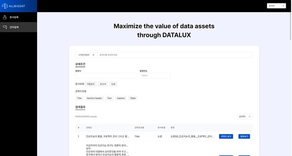 ‘데이터럭스’ 솔루션 데모서비스 검색 화면(검색 키워드를 입력하면 데이터베이스에 저장된 모든 문서에서 콘텐츠를 찾아준다. 검색 결과는 제목, 단락제목, 본서, 캡션과 같이 콘텐츠 유형에 따라 필터링 할 수 있어서 빠르게 탐색할 수 있다./사진=올빅뎃