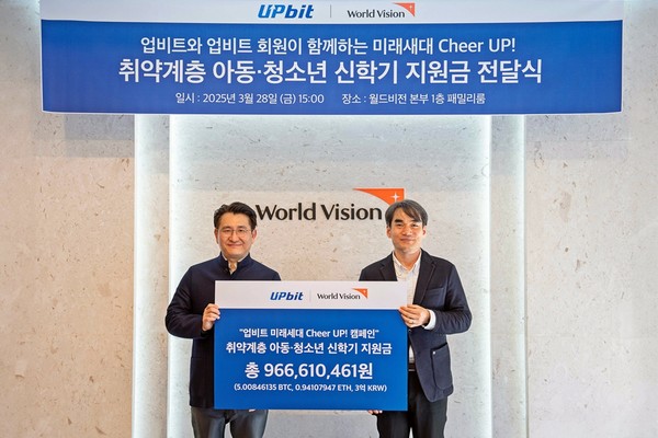 업비트 미래 세대 Cheer UP! 캠페인 기부금 전달식에서 박영준 두나무 상무(좌측), 김성태 월드비전 ESG 사회공헌 본부장(우측)이 기념사진을 촬영하고 있다./사진=두나무