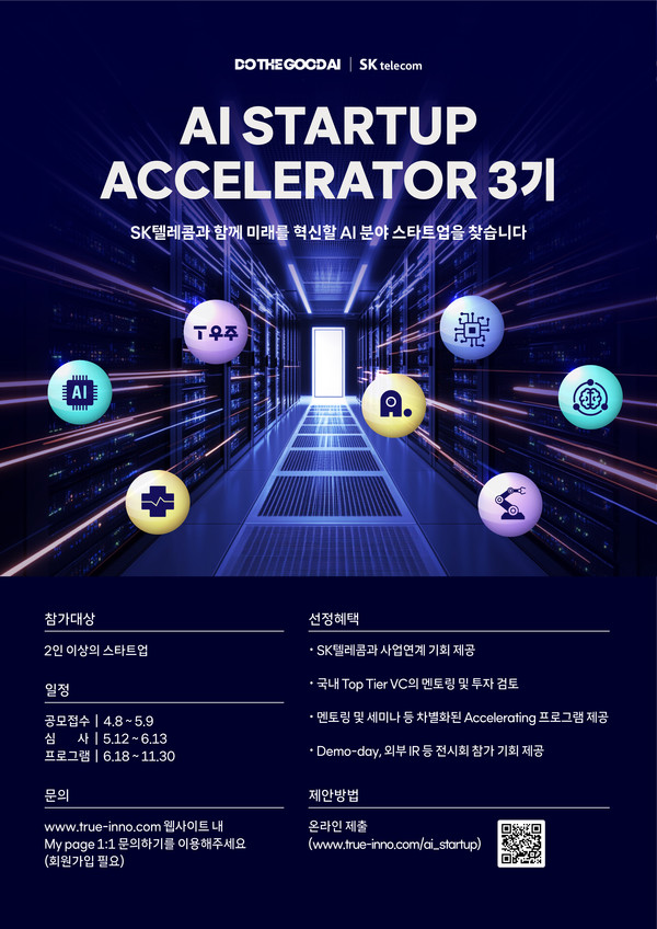 SK텔레콤은 인공지능(AI) 분야 스타트업 발굴과 성장 지원을 위한 전문 프로그램 ‘AI Startup Accelerator(AI 스타트업 엑셀러레이터)’에 참여할 스타트업 공모에 나선다고 9일 밝혔다./사진=SK텔레콤
