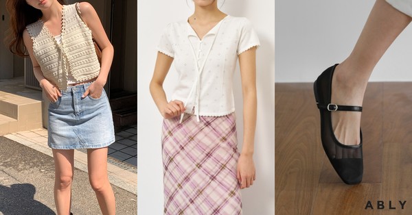 왼쪽부터 ’아뜨랑스 펀칭 니트 베스트‘, ‘제너럴아이디어 펀칭 니트 하프 블라우스’, ‘사뿐 마니엘 메쉬 메리제인 플랫슈즈’/사진=에이블리