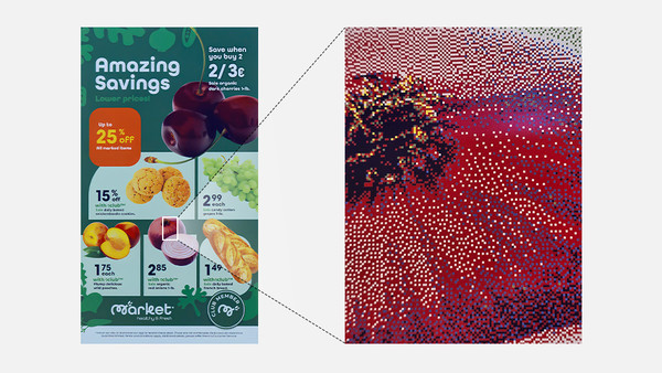 ▲ (왼쪽) 삼성 컬러 이페이퍼의 광고판, (오른쪽) 양파 부분을 확대해 보면 다양한 컬러의 조합으로 자연스럽게 명암과 컬러를 구현한 것을 확인할 수 있다/사진=삼성전자