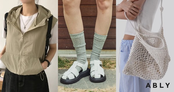(왼쪽부터)‘앤드모어 아노락 스트링 후드 조끼 집업’, ‘엘리자베스스튜어트 크로스 피셔맨 샌들’, ‘어텀 로프 숄더백’/사진=에이블리