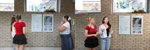 (왼쪽 사진, 왼쪽부터) 아모레성수를 방문한 알레나 장(Alena Zhang), 헵시바 만시야 플라사(Hefziba Mancilla Plaza), 그리고 아비가엘 미할라케(Abigaël Mihalache)는 매장 인테리어에 자연스럽게 녹아드는 삼성 컬러 이페이퍼의 깔끔한 디자인과 자연스러운 디스플레이를 칭찬했다./사진=삼성전자