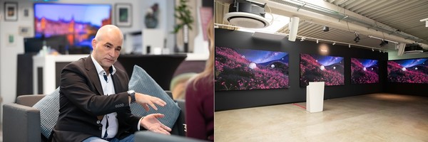 삼성전자 독일법인 디스플레이 담당 스티븐 폴록이 마이크로 LED 기술의 잠재력에 대해 이야기하고 있다. 프랑크푸르트 쇼룸에는 더 월이 픽셀 피치별로 (0.84mm부터 1.68mm까지) 한 눈에 살펴볼 수 있도록 전시되어 있어 고객이 차이를 직접 체감할 수 있다./사진=삼성전자