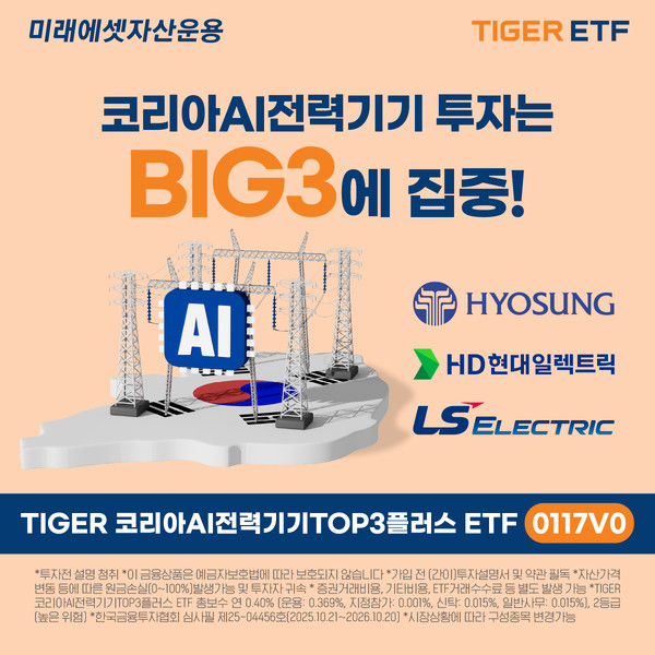 “BIG 3+수직 계열화, 최적의 전력기기 포트폴리오” 미래에셋, ‘TIGER 코리아AI전력기기TOP3플러스 ETF’ 신규 상장/사진=미래에셋자산운용