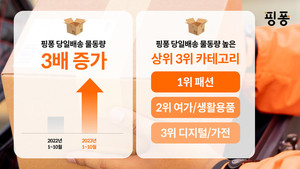 핑퐁 당일배송 "빠른 배송 수요 증가" ...월 물동량 전년동기비 3배 증가 - 뉴스 썸네일 이미지